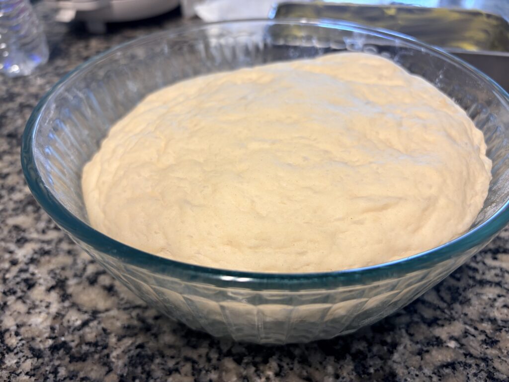 Homemade bread dough after the first rise in a glass bowl, doubled in size and ready to shape.