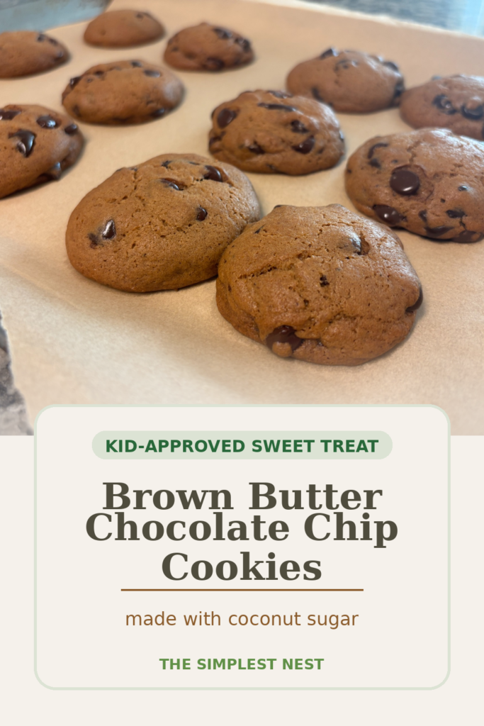 Pinterest pin for brown butter chocolate chip cookies made with coconut sugar
