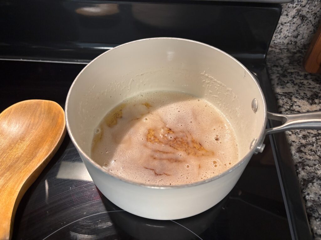 Browned butter in a saucepan for homemade chocolate chip cookies