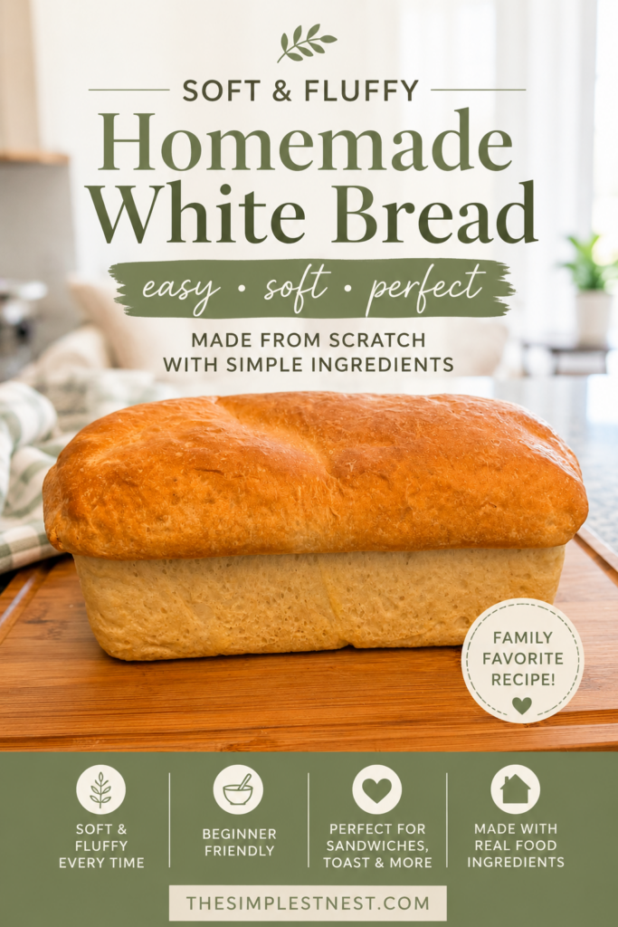 Soft homemade sandwich bread sliced on a wooden cutting board. An easy bread recipe for beginners that creates fluffy, tender sandwich bread perfect for family meals, toast, lunches, and homemade baking.
