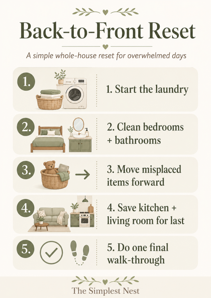 Five-step back-to-front house reset method for overwhelmed moms