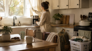 Mom starting coffee as a simple morning anchor in a family kitchen