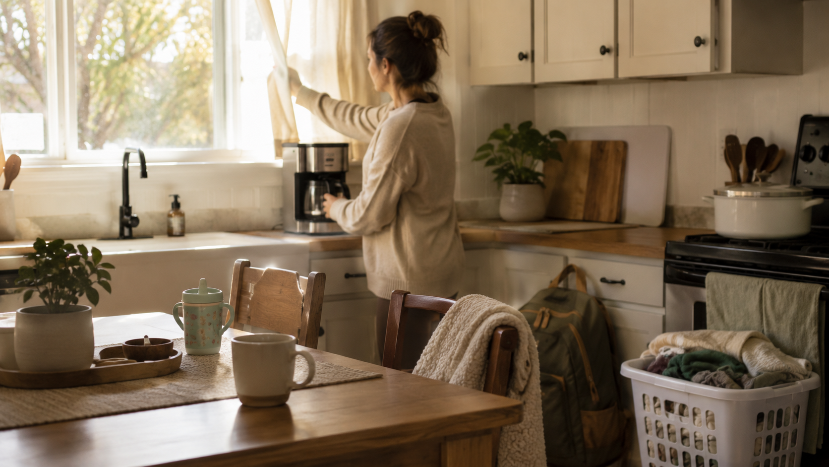 Mom starting coffee as a simple morning anchor in a family kitchen