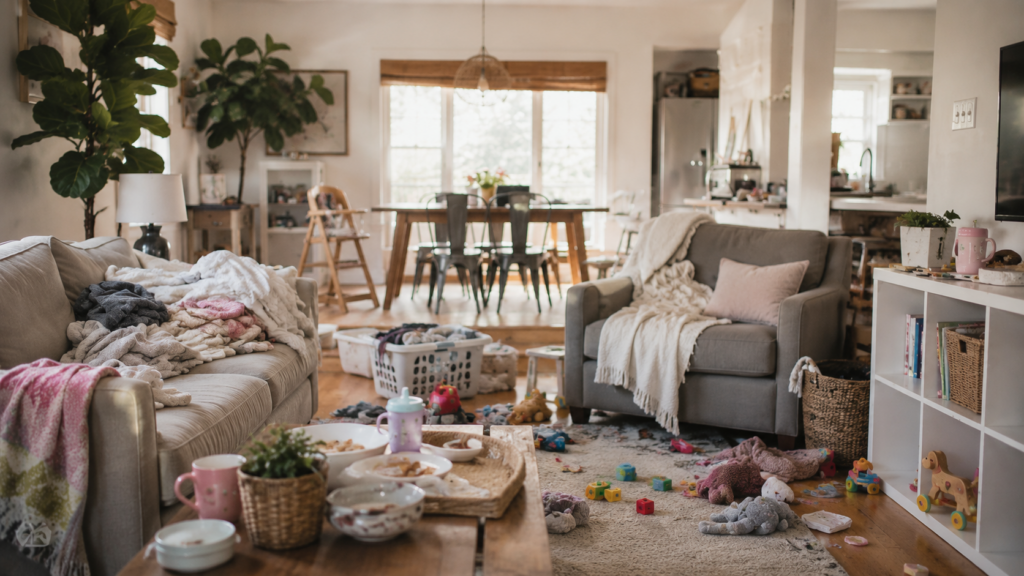 Laundry, toys, and household clutter in an overwhelming family home