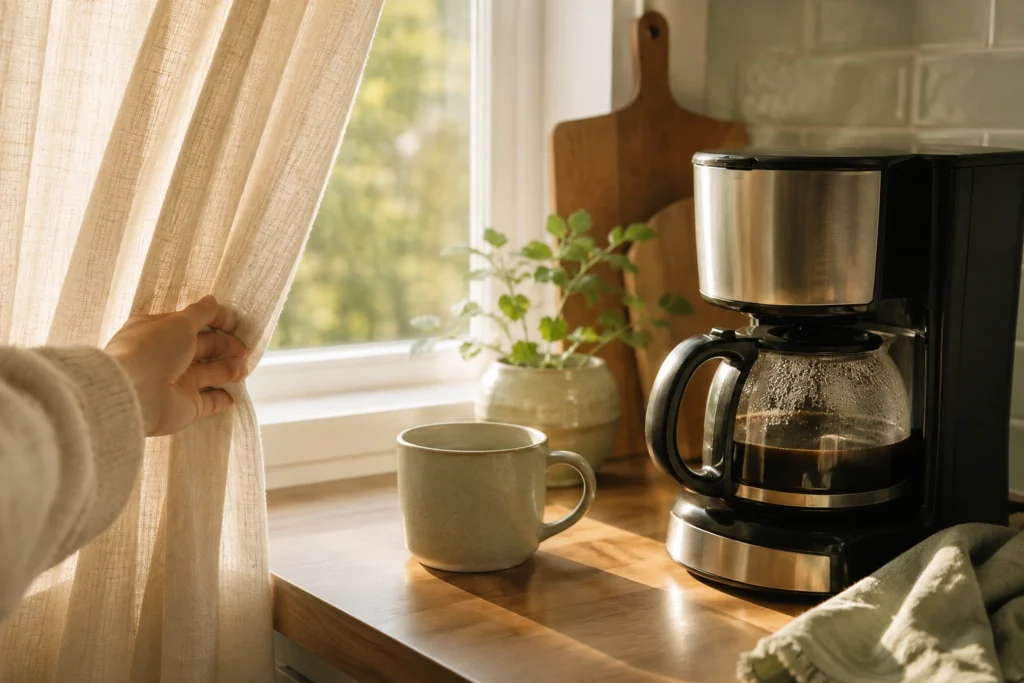 Opening the curtains and starting coffee as a simple morning anchor