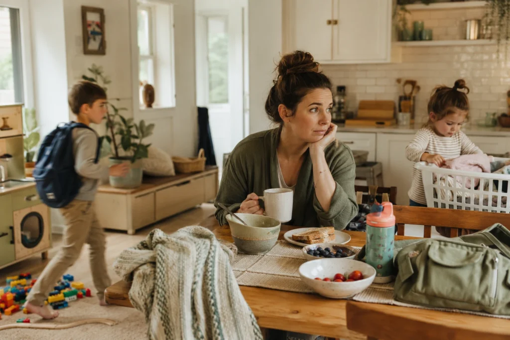 Tired mom sitting with coffee during an unpredictable family morning