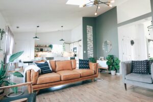 Living room with a sofa, throw pillows, and indoor plants